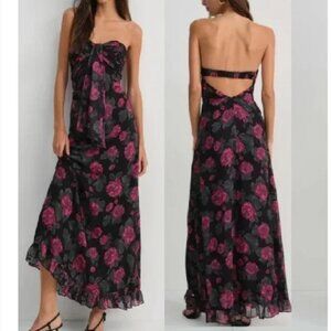 NWT For Love & Lemons Teagan Strapless Floral Maxi Dress Black Red Small *Flaw